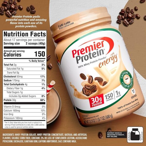 Premier Protein Powder, Cafe Latte, 30g Protein, 1g Sugar, 100% Whey Protein, Keto Friendly, No Soy Ingredients, Gluten Free, 17 Servings, 23.9 Ounce (Pack of 1) - Image 4