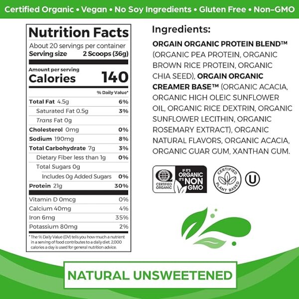 Orgain Organic Unflavored Vegan Protein Powder, Natural Unsweetened - 21g of Plant Based Protein, Non Dairy, Gluten Free, No Sugar Added, Soy Free, Non-GMO, 1.59 lb - Image 2