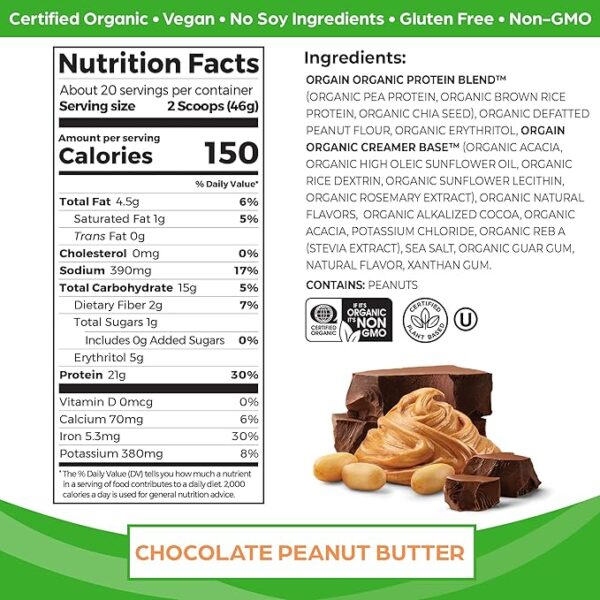 Orgain Organic Vegan Protein Powder, Chocolate Peanut Butter - 21g Plant Protein, 6g Prebiotic Fiber, Low Net Carb, No Lactose Ingredients, No Added Sugar, Non-GMO, For Shakes & Smoothies, 2.03 lb - Image 2