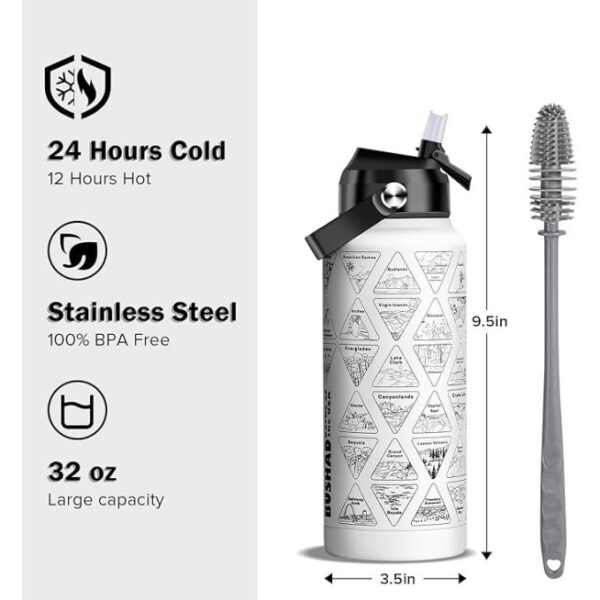 National Parks Water Bottle with Stickers | 32oz Wide Mouth Leakproof Stainless Steel Bucket List Insulated Bottle for Camping & Hiking | Gifts for Hikers | BPA-Free [WHITE] - Image 5
