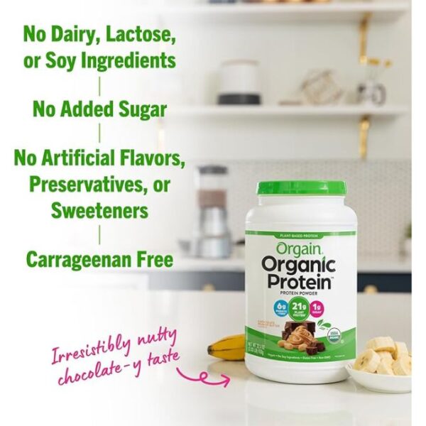 Orgain Organic Vegan Protein Powder, Chocolate Peanut Butter - 21g Plant Protein, 6g Prebiotic Fiber, Low Net Carb, No Lactose Ingredients, No Added Sugar, Non-GMO, For Shakes & Smoothies, 2.03 lb - Image 4