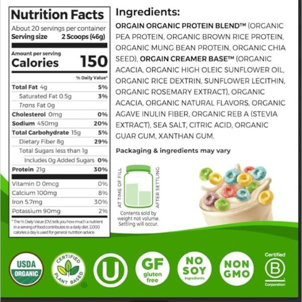 Orgain Organic Vegan Protein Powder, Fruity Cereal - 21g Plant Based Protein, 8g Prebiotic Fiber, Low Net Carb, No Lactose Ingredients, No Added Sugar, Non-GMO, For Shakes & Smoothies, 2.03 lb - Image 2
