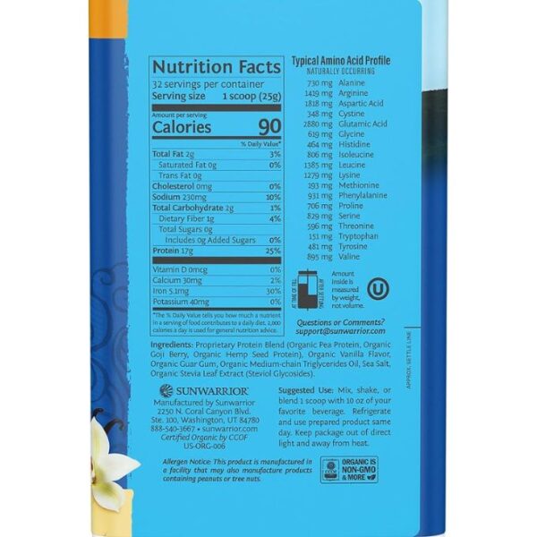 Sunwarrior Vegan Protein Powder Plant-based Organic Protein USDA BCAAs Amino Acids Supplement Hemp Seed Keto Friendly Soy, Dairy, Gluten, & Synthetic Free NON-GMO, Vanilla Flavored 32 Servings 17g per - Image 2