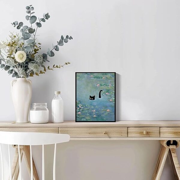 Hamduker Cat Wall Art Monet Prints Vintage Canvas Wall Art Funny Cat in Water Lilies Posters for Room Bedroom Living Room Bathroom Wall Decor Aesthetic (Size: 8''x10''x1pcs) - Image 4