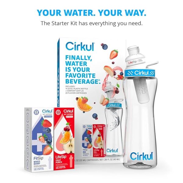 Cirkul 22oz. BPA-Free Plastic Water Bottle Starter Kit with Blue Lid, 2 Flavor Cartridges (1 LifeSip Fruit Punch, 1 FitSip Mixed Berry) Zero Calories and No Sugar - Image 4