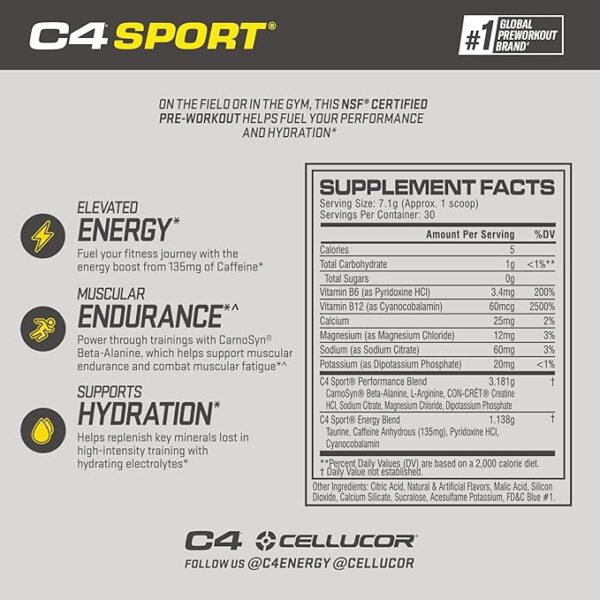 Cellucor C4 Sport Pre Workout Powder Blue Raspberry - Pre Workout Energy with Creatine + 135mg Caffeine and Beta-Alanine Performance Blend - NSF Certified for Sport 30 Servings - Image 2