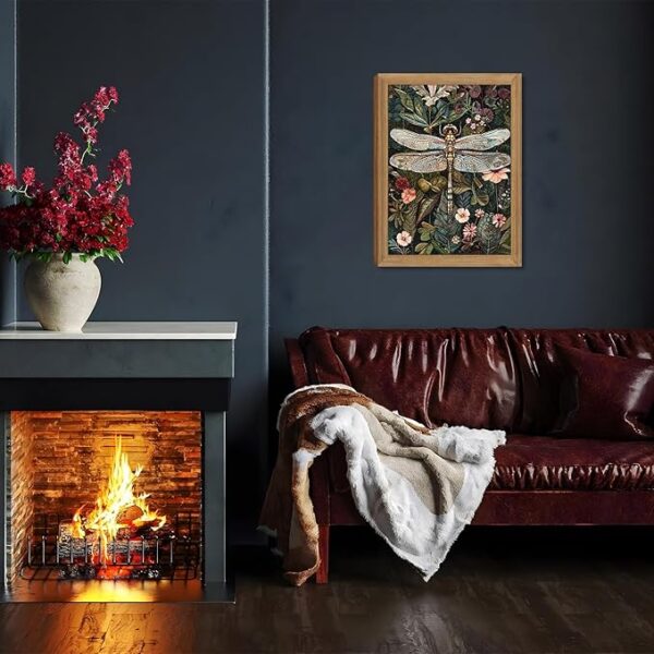 Framed Vintage 3D Textured Wall Art - Dark Green Dragonfly Flowers Wall Decor - Hand Drawn Sandstone Nature Botanical Pictures for Living Room Bedroom Home Decor 12x16in - Image 5