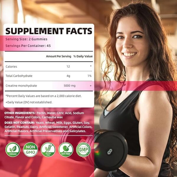 Creatine Monohydrate Gummies 5000mg for Men & Women, Chewables Creatine Monohydrate for Muscle Strength, Muscle Builder, Energy Boost, Pre-Workout Supplement(90 Count)-Strawberry. - Image 2