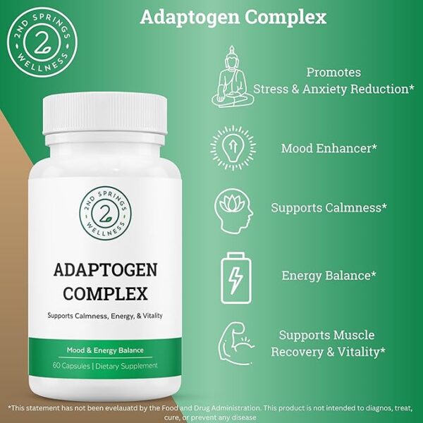 Adaptogen Complex Calmness, Energy and Vitality Booster - Ashwagandha, Schisandra, Astragalus, Ginseng, Rhodiola, and More - Promotes Balance, Focus, and Overall Well-Being - 60 Ct - Image 2