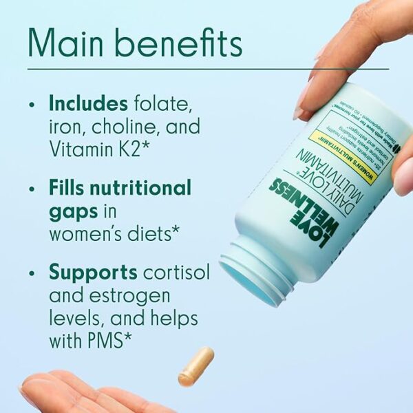 Love Wellness Daily Love Multivitamin for Women | Supports Energy, Cortisol, Immune Health, Stress Relief, & PMS | Complete with Vitamin D, C, Iron, Calcium, Zinc, & Biotin, Magnesium | 60 Count - Image 3