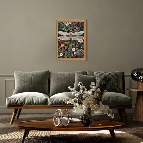 Framed Vintage 3D Textured Wall Art - Dark Green Dragonfly Flowers Wall Decor - Hand Drawn Sandstone Nature Botanical Pictures for Living Room Bedroom Home Decor 12x16in - Image 6