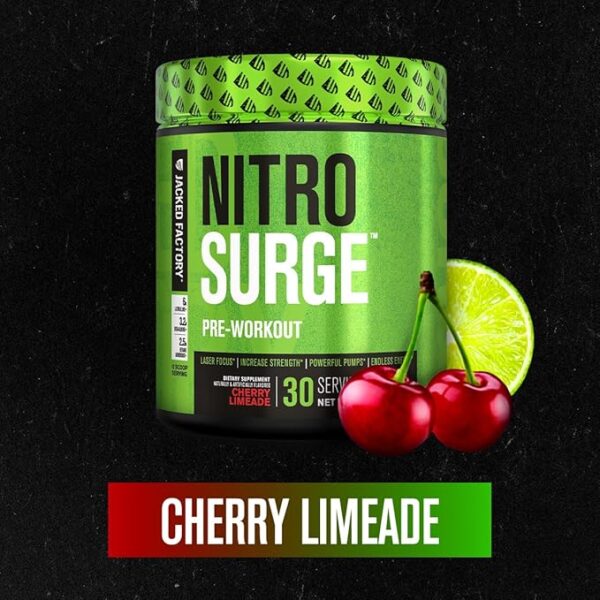 Jacked Factory NITROSURGE Pre Workout Supplement - Endless Energy, Instant Strength Gains, Clear Focus, Intense Pumps - NO Booster & Preworkout Powder with Beta Alanine - 30 Servings, Cherry Limeade - Image 2