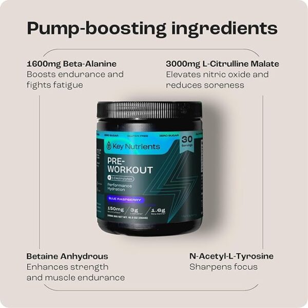 KEY NUTRIENTS Pre Workout Powder with 5 Electrolytes - Blue Raspberry No Sugar - 150mg Caffeine, L-Citrulline, Beta Alanine, L-Tyrosine - Natural Preworkout for Men & Women (30 Servings) - Image 2