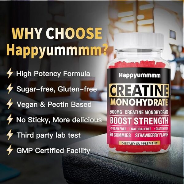 Creatine Monohydrate Gummies 5000mg for Men & Women, Chewables Creatine Monohydrate for Muscle Strength, Muscle Builder, Energy Boost, Pre-Workout Supplement(90 Count)-Strawberry. - Image 4