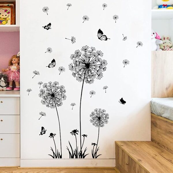 2 Set Dandelion Wall Decals, Flower Stickers, Murals With Butterflies for Bedroom, Office, Bathroom, Living Room - Removable Floral Peel and Stick Art Decoration - Image 3