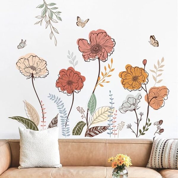 wondever Boho Flower Wall Stickers Wildflower Floral Grass Peel and Stick Wall Art Decals for Living Room Bedroom TV Wall - Image 2