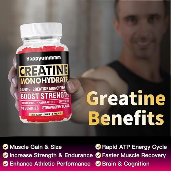 Creatine Monohydrate Gummies 5000mg for Men & Women, Chewables Creatine Monohydrate for Muscle Strength, Muscle Builder, Energy Boost, Pre-Workout Supplement(90 Count)-Strawberry. - Image 3
