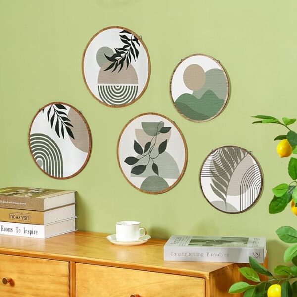 Qunclay 5 Pcs Wall Art Decor Wooden Living Room Wall Decor Bohemian Hanging Farmhouse Geometric 10'' and 8'' Aesthetic Wood Minimalist Posters for Bedroom(Greenery) - Image 2