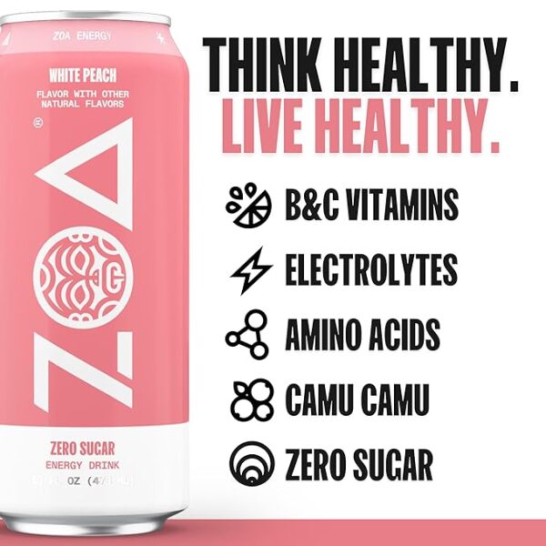 ZOA Zero Sugar Energy Drinks, White Peach - Sugar Free with Electrolytes, Healthy Vitamin C, Amino Acids, Essential B-Vitamins, and Caffeine from Green Tea - 16 Fl Oz (12-Pack) - Image 2