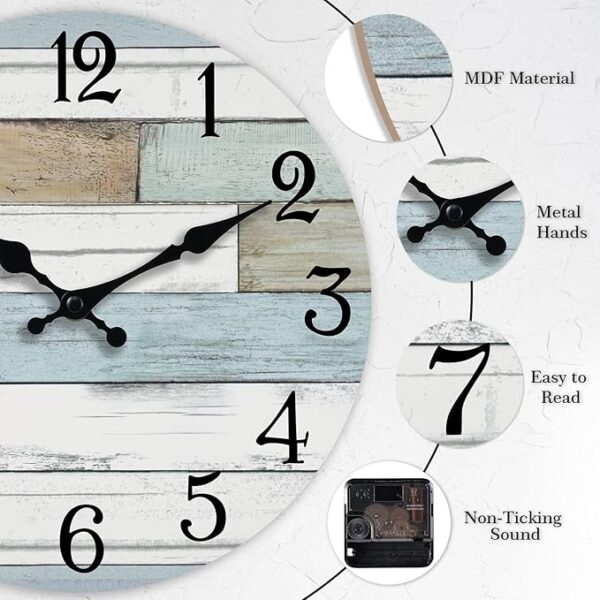 Wall Clock Battery Operated Silent Non Ticking Coastal Design Country Rustic Retro Decorative for Bathroom Kitchen Living Room Bedroom - Image 4