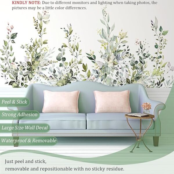 Green Plants Leaves Wall Decals Peel and Stick, Large Floral Flowers Wall Stickers, Removable Vine Home Decor Art for Bedroom Living Room Classroom Office - Image 3