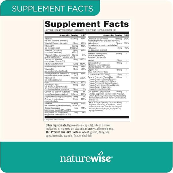 NatureWise Multivitamin for Women + Stress Support + B-Complex + Vitamin C + D3 K2 for Immunity, Hair, Skin & Nails, Digestion + Whole Organic Foods - Vegetarian, Non-GMO - 60 Capsules[1-Month Supply] - Image 3
