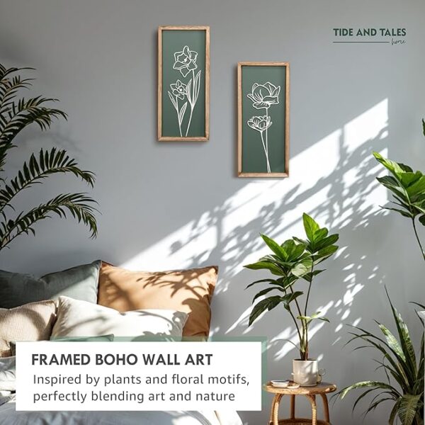 3D Floral Green Wall Art (Set of 2) Lightweight, Wooden Ready-to-Hang Boho Framed Wall Art for Bathroom, Bedroom, Living Room or Office – Premium Sage Green Farmhouse Decor – Gift-Boxed - Image 3