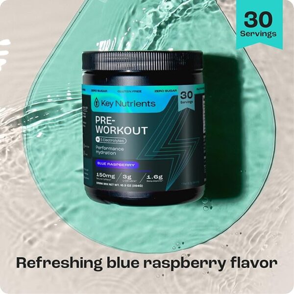 KEY NUTRIENTS Pre Workout Powder with 5 Electrolytes - Blue Raspberry No Sugar - 150mg Caffeine, L-Citrulline, Beta Alanine, L-Tyrosine - Natural Preworkout for Men & Women (30 Servings) - Image 5
