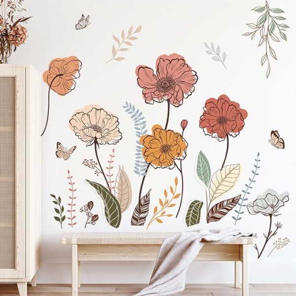 wondever Boho Flower Wall Stickers Wildflower Floral Grass Peel and Stick Wall Art Decals for Living Room Bedroom TV Wall - Image 3