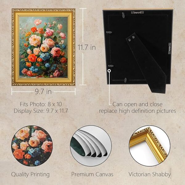 MIEVU Gold Vintage Framed Wall Art - Canvas Wall Art Prints for Living Room Decor Bedroom Home Bathroom, 8x10in Floral Flower Frame Wall Decor - Image 2