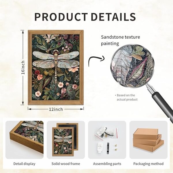 Framed Vintage 3D Textured Wall Art - Dark Green Dragonfly Flowers Wall Decor - Hand Drawn Sandstone Nature Botanical Pictures for Living Room Bedroom Home Decor 12x16in - Image 3