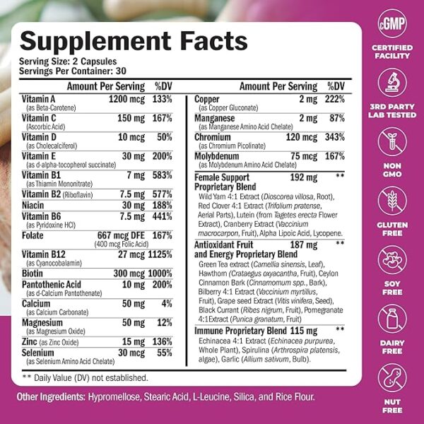 Multivitamin for Women - Daily Womens Multivitamin & Multimineral with Vitamin A, C, D, E, B12, Zinc & More. Essential Vitamins for Women for Energy, Focus, Hair Growth & Overall Health. 60 Capsules - Image 3