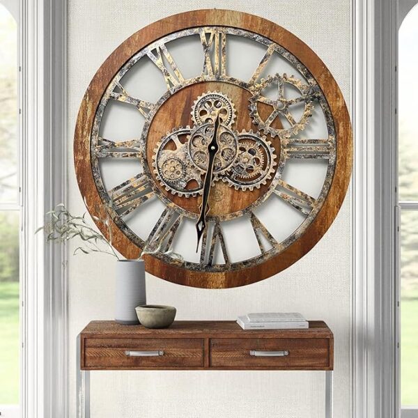 The Gears Clock The Original Real Moving Gear Wall Clock Vintage Industrial Oversized Rustic Farmhouse (24 inch (60cm), Vintage Brown) - Image 2