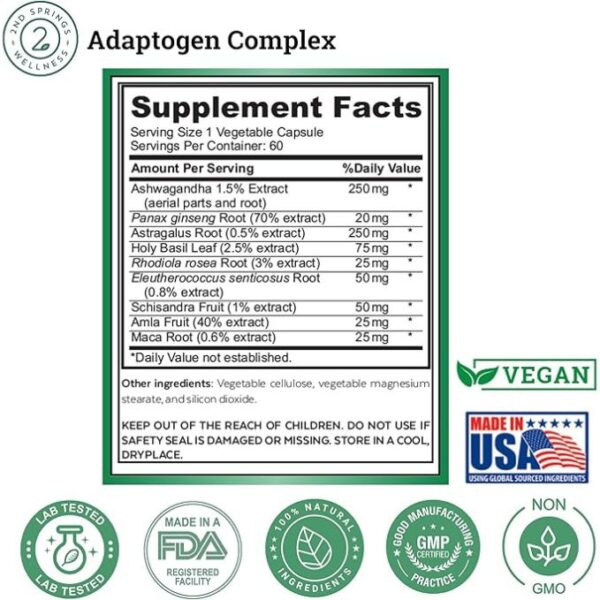 Adaptogen Complex Calmness, Energy and Vitality Booster - Ashwagandha, Schisandra, Astragalus, Ginseng, Rhodiola, and More - Promotes Balance, Focus, and Overall Well-Being - 60 Ct - Image 3