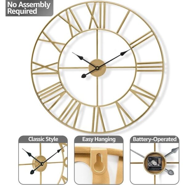 Sorbus Large Wall Clock for Living Room Decor - Big Wall Clock Decorative - Battery Operated - Roman Numeral Analog Large Clock for Bedroom, Room, Home, Kitchen, Office, Wall Decor (Gold) - Image 3