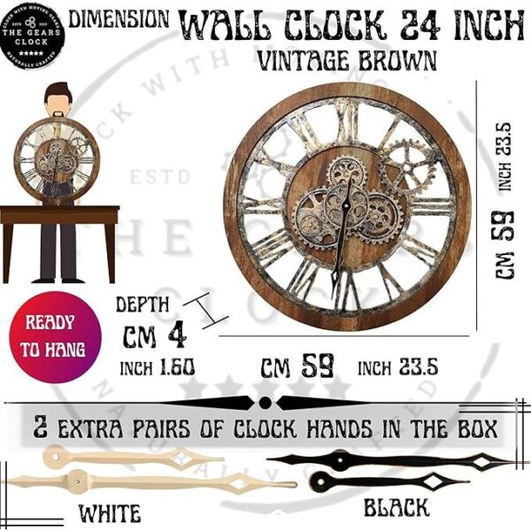 The Gears Clock The Original Real Moving Gear Wall Clock Vintage Industrial Oversized Rustic Farmhouse (24 inch (60cm), Vintage Brown) - Image 6