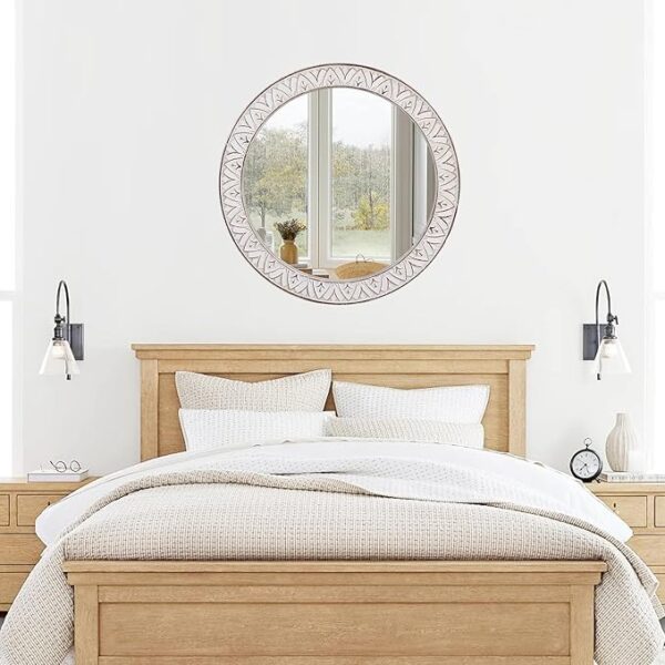 24" Round Mirror Farmhouse Wooden Frame Circle Mirrors, Rustic Decorative Distressed Wall Mounted Mirror for Bathroom, Bedroom, Living Room, Entryway, Fireplace, Hall - Image 5