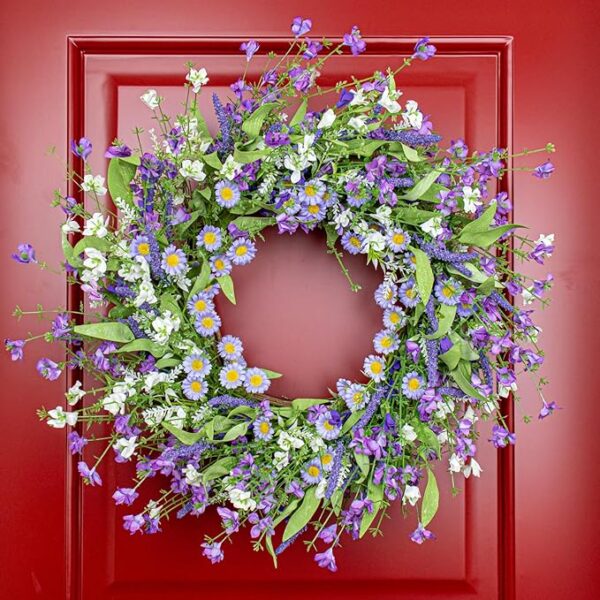 22 Inches Summer Wreaths for Front Door Summer Wreath Purple Wreath with Purple Flowers Daisy Lavender for Window Front Porch Wall Indoor Outside Decoration - Image 5