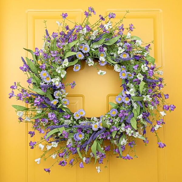 22 Inches Summer Wreaths for Front Door Summer Wreath Purple Wreath with Purple Flowers Daisy Lavender for Window Front Porch Wall Indoor Outside Decoration - Image 4