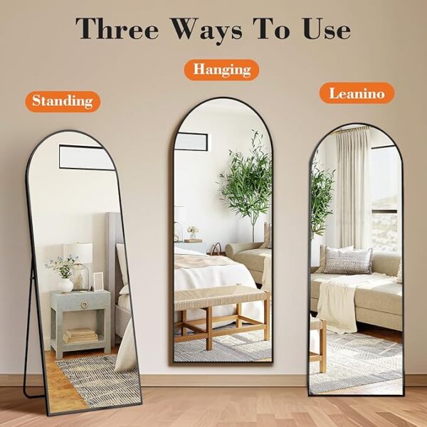 DUMOS Arched Full Length Mirror with Stand 64"x21" Floor Standing Aluminum Frame for Bedroom Body Hanging Leaning Modern Simple Home Decor Shatter-proorf Nano Glass Wall Living Room Cloakroom Black - Image 2