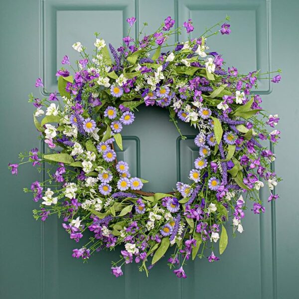 22 Inches Summer Wreaths for Front Door Summer Wreath Purple Wreath with Purple Flowers Daisy Lavender for Window Front Porch Wall Indoor Outside Decoration - Image 3