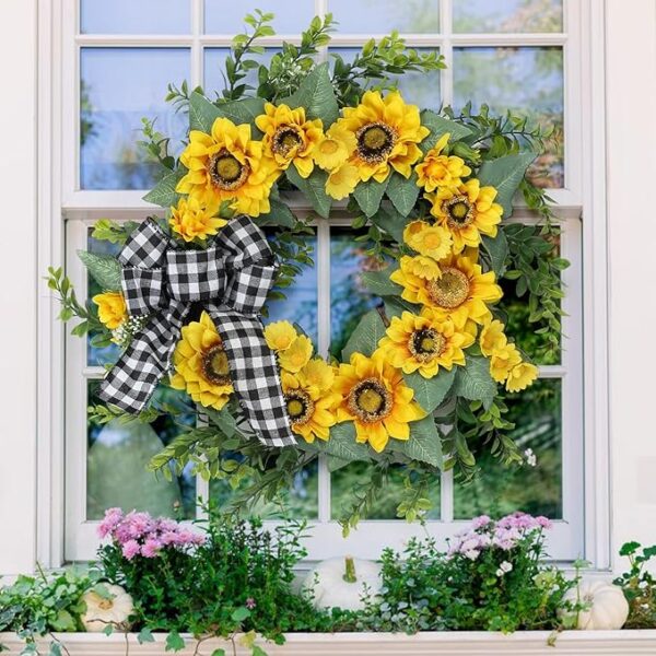 18" Sunflower Wreath for Front Door, Spring Summer Wreath with Artificial Sunflower Daisy Green Leaves, Grapevine Wreath Farmhouse Sunflower Decor for Home Wedding Party Wall Indoor Outside - Image 7