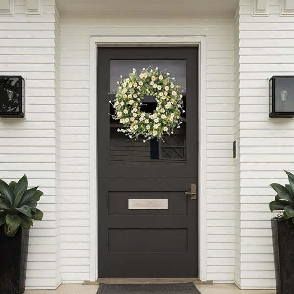 Sggvecsy White Daisy Wreath 24 Inch with Fake Silk Floral Green Eucalyptus Leaves and Lavender for Spring Summer Front Door Window Wall Wedding Farmhouse Festival Decor - Image 2