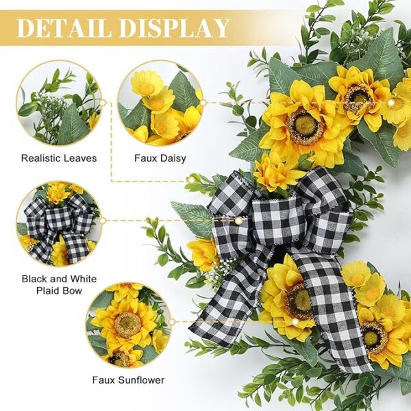 18" Sunflower Wreath for Front Door, Spring Summer Wreath with Artificial Sunflower Daisy Green Leaves, Grapevine Wreath Farmhouse Sunflower Decor for Home Wedding Party Wall Indoor Outside - Image 3