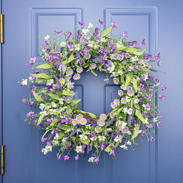 22 Inches Summer Wreaths for Front Door Summer Wreath Purple Wreath with Purple Flowers Daisy Lavender for Window Front Porch Wall Indoor Outside Decoration - Image 2