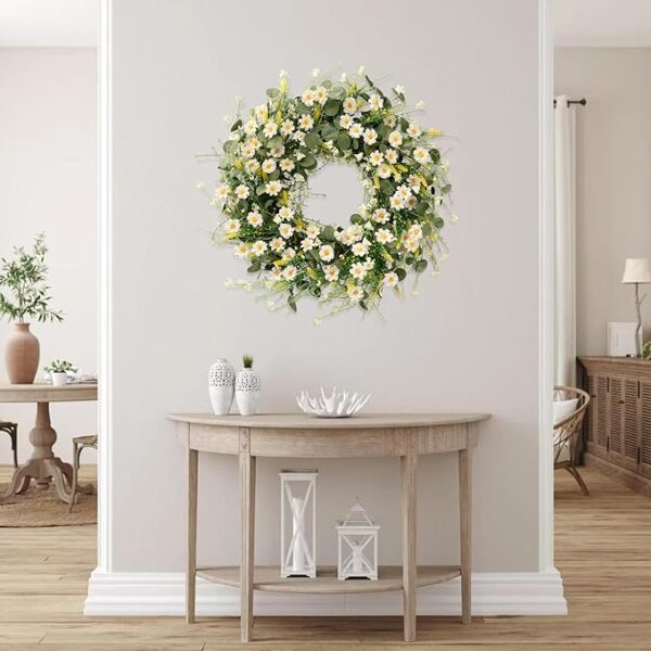 Sggvecsy White Daisy Wreath 24 Inch with Fake Silk Floral Green Eucalyptus Leaves and Lavender for Spring Summer Front Door Window Wall Wedding Farmhouse Festival Decor - Image 3