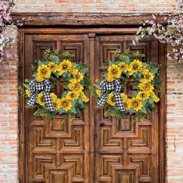 18" Sunflower Wreath for Front Door, Spring Summer Wreath with Artificial Sunflower Daisy Green Leaves, Grapevine Wreath Farmhouse Sunflower Decor for Home Wedding Party Wall Indoor Outside - Image 6