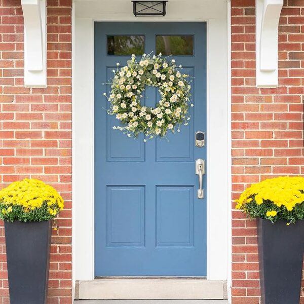 Sggvecsy White Daisy Wreath 24 Inch with Fake Silk Floral Green Eucalyptus Leaves and Lavender for Spring Summer Front Door Window Wall Wedding Farmhouse Festival Decor - Image 4