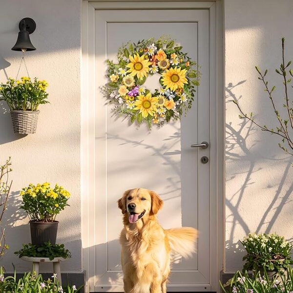 DecorbyHannah Summer Sunflower Wreaths for Front Door Outside All Season, 22 Inch Artificial Flower Spring Door Wreaths with Daisy and Bee, Sunflower Decor for Home Porch, Wedding Housewarming Gifts - Image 2