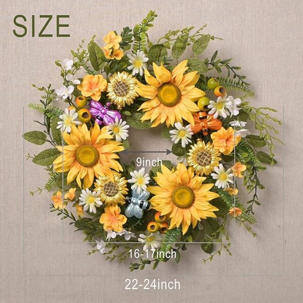 DecorbyHannah Summer Sunflower Wreaths for Front Door Outside All Season, 22 Inch Artificial Flower Spring Door Wreaths with Daisy and Bee, Sunflower Decor for Home Porch, Wedding Housewarming Gifts - Image 5